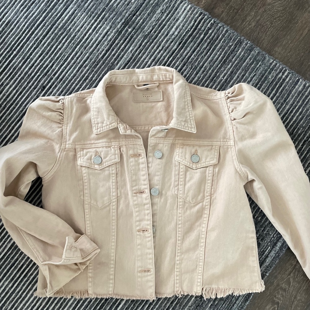 BlankNYC Cropped Tan Denim Jacket Puff Sleeve - Raw Hem